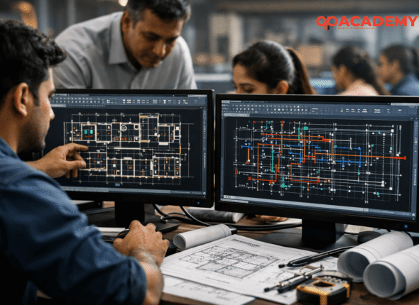 Indian students practicing AutoCAD drafting with architectural and MEP layouts in modern training institute.