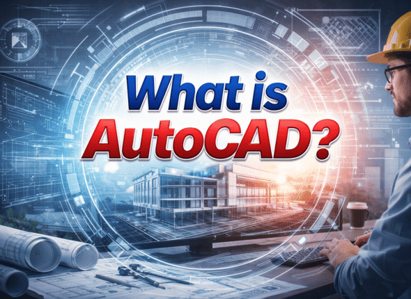 "What is AutoCAD article header image showing a professional engineer working on a computer with 2D blueprints and 3D building model, highlighting CAD drafting and design tools."