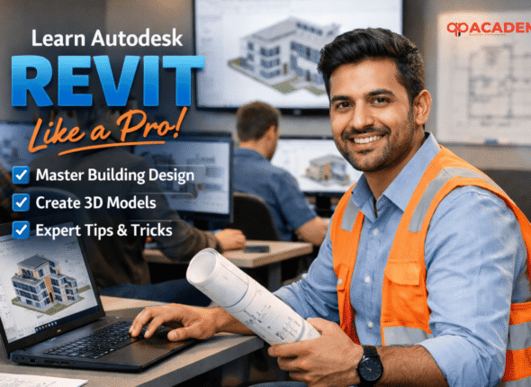 Autodesk Revit BIM course training class with student creating 3D building model on desktop computer in modern architecture institu