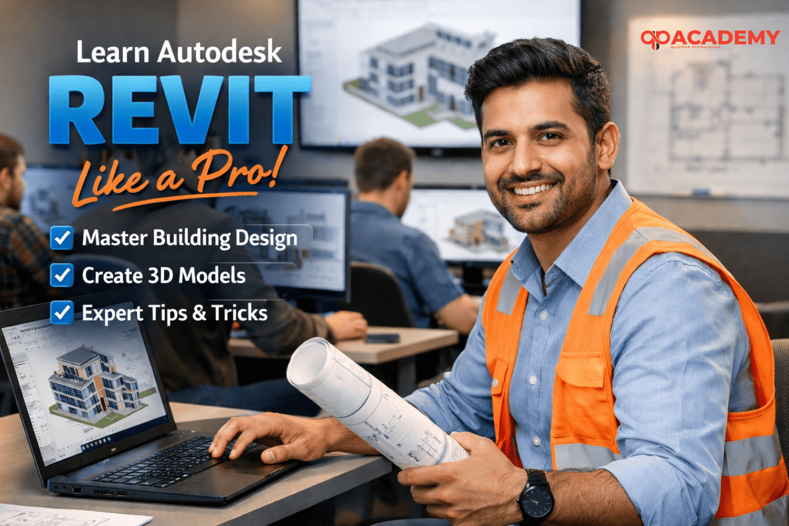 Autodesk Revit BIM course training class with student creating 3D building model on desktop computer in modern architecture institu