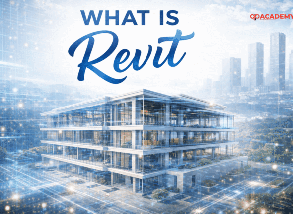 What is Revit concept image with modern building 3D model and futuristic BIM design background