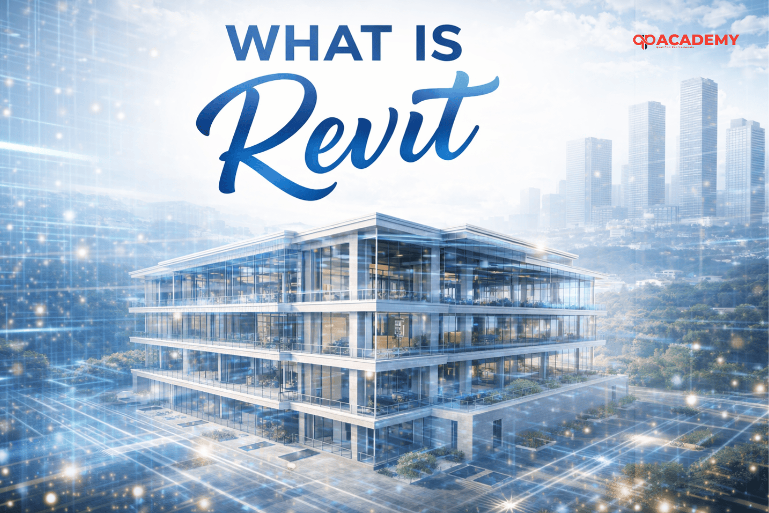 What is Revit concept image with modern building 3D model and futuristic BIM design background